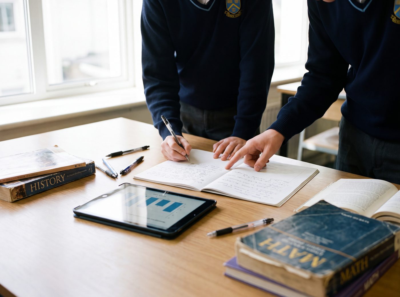 Estudiantes revisando su cuaderno y una tablet